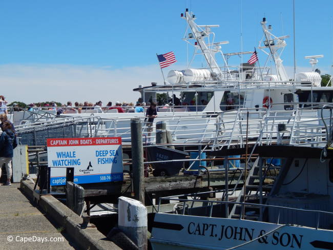 View of the pier, whale watch boats and signs directing passengers to Capt. John Boats departure gangway