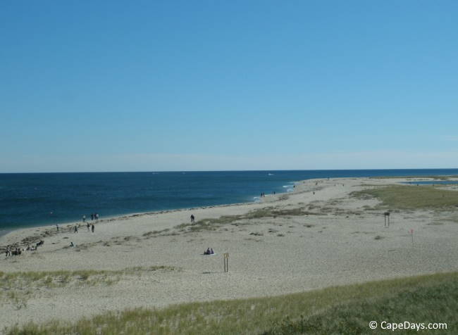 Birdseye view of the beach from atop the dune, people walking and sitting on the sand, clear sky and ocean beyond.