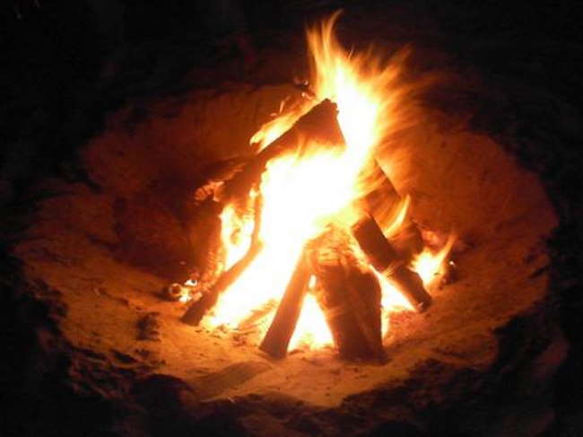 Close-up of beach campfire with flames and glowing logs