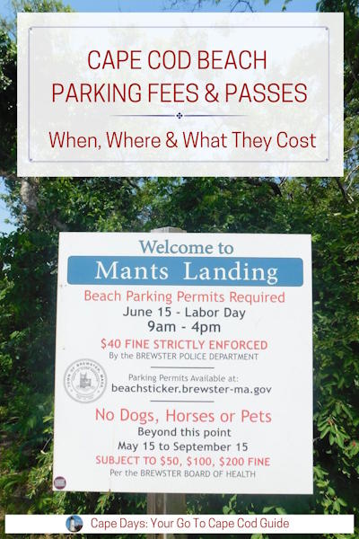 Pinterest graphic with a beach pass information sign; text overlay reads: “Cape Cod Beach Parking Fees & Passes – When, Where & What They Cost”