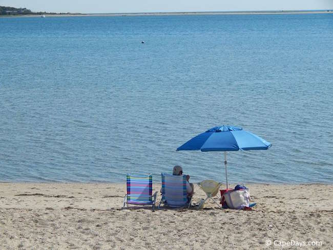 Beachgoers sitting under an umbrella beside calm water on Cape Cod Beachgoers sitting under an umbrella beside calm water on Cape Cod
