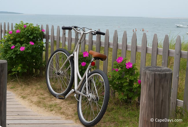 Bicycle parked by a wooden fence overlooking Lewis Bay with beach roses in bloom.