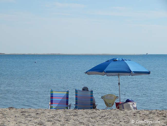 Quiet Cape Cod beach scene with man sitting in a folding chair under an umbrella, overlooking the ocean