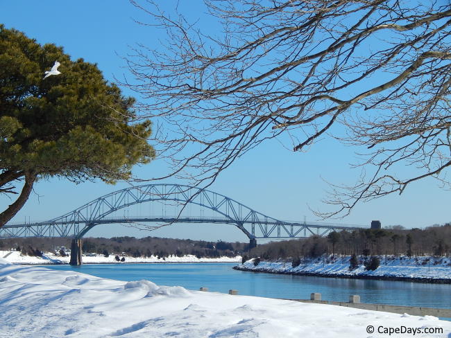 Snow along the Cape Cod Canal after a winter storm.
