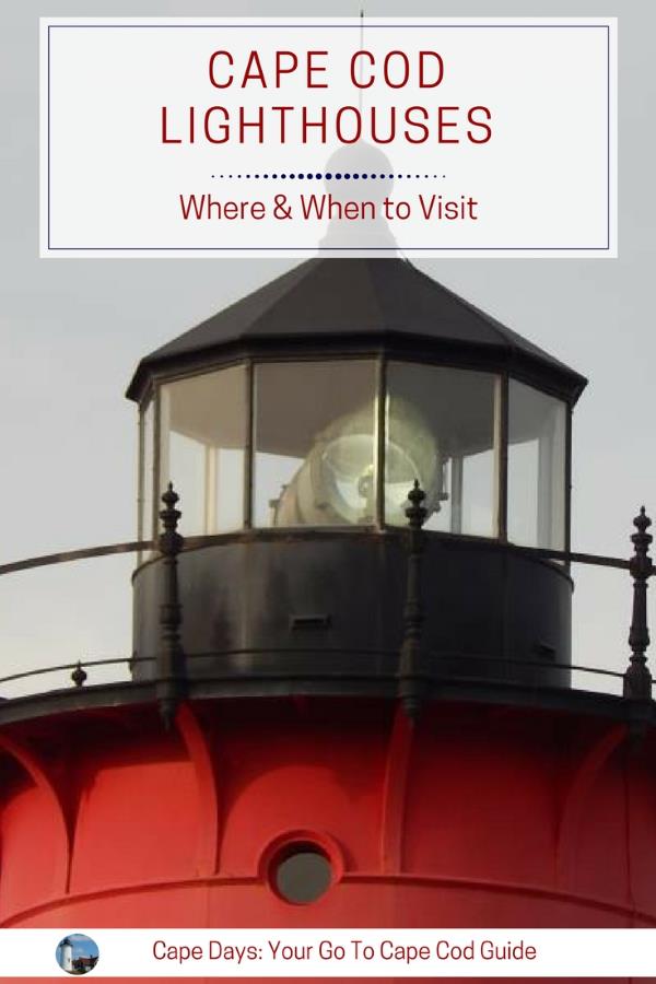 Pinnable Pinterest graphic showing a close-up of the lantern room and black railing at the top of Nauset Light, with part of the lighthouse tower visible