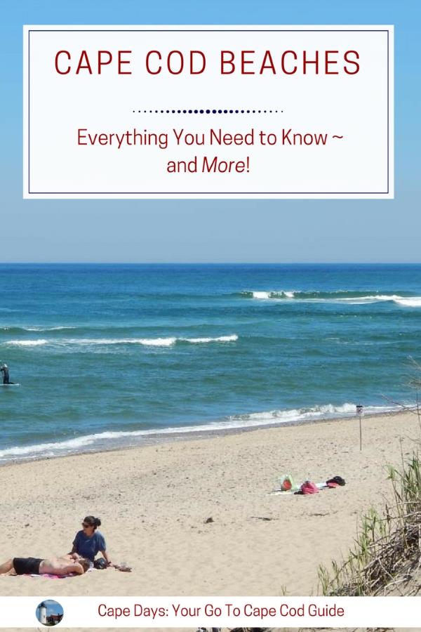 Pinterest graphic showing a Cape Cod beach on a sunny day with a few people relaxing on the sand near the water