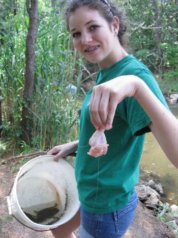 Girl holding a chicken leg tied to a string, and a bucket with two blue crabs