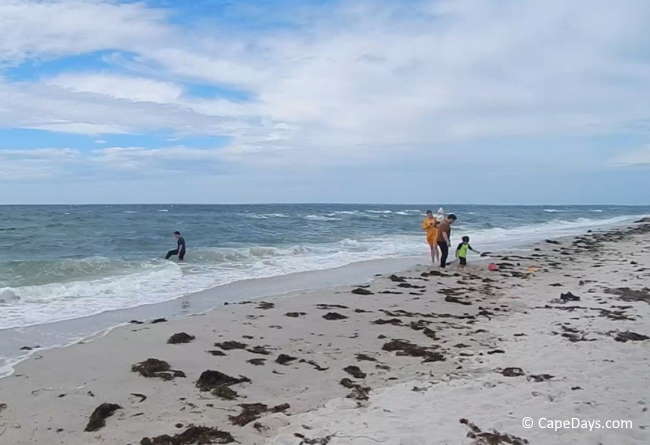 Peeks of blue sky among the clouds, roiling water and waves, people on the beach, child exploring seaweed washed up by a storm