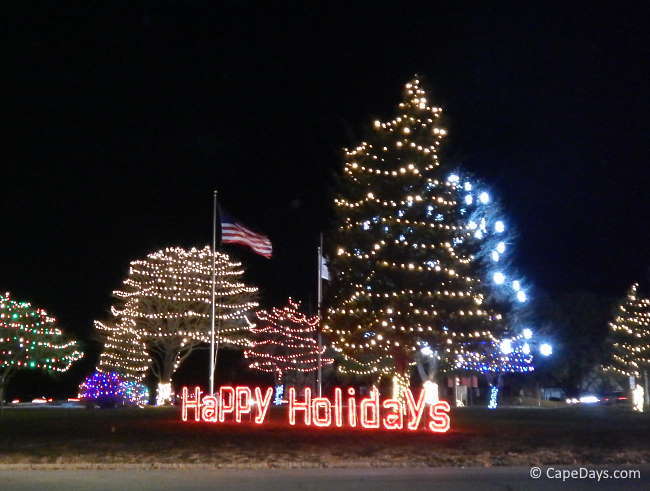 Brightly decorated Christmas trees on the roadside, and the words "Happy Holidays" in lights