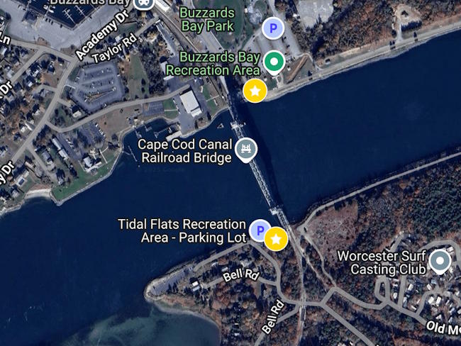 Google Map with two starred locations for watching trains cross the Cape Cod Canal Railroad Bridge