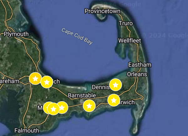Map of Cape Cod showing locations of herring run viewing spots
