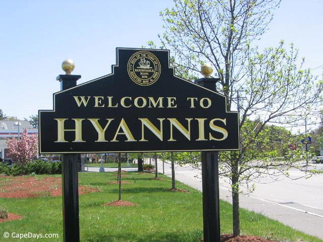 Welcome To Hyannis sign alongside the street Welcome To Hyannis sign alongside the street