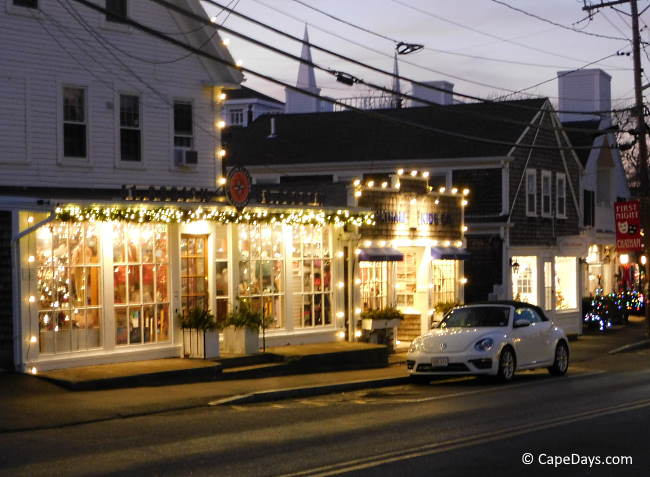 Quaint shop decorated for the Holidays with white lights