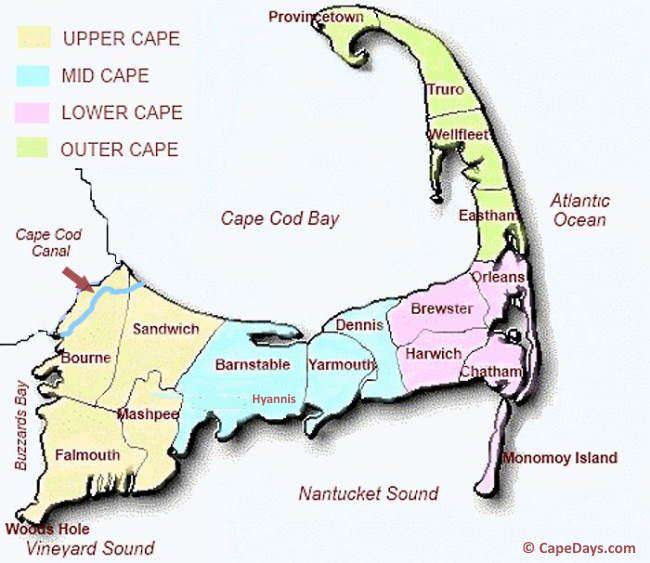 Colored map showing locations of Cape Cod regions and towns