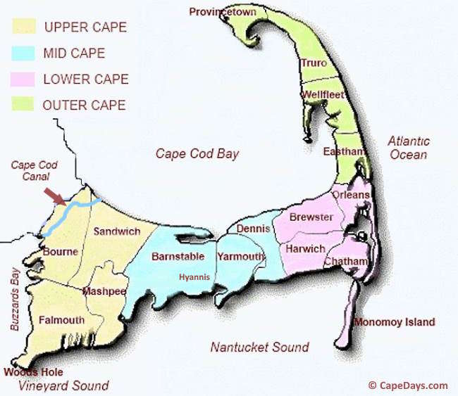 Map showing regions and town locations on Cape Cod Map showing regions and town locations on Cape Cod