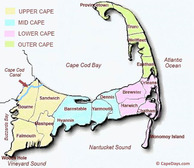 Map showing Cape Cod MA towns and regions