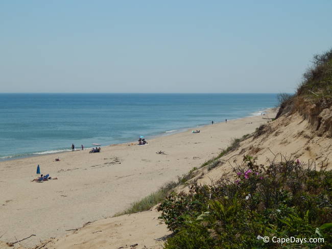 People sitting on the beach as viewed from the side of a high dune