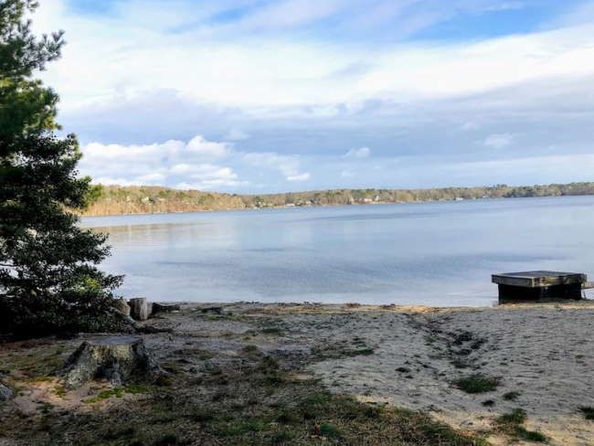View of lake with small private dock and beach