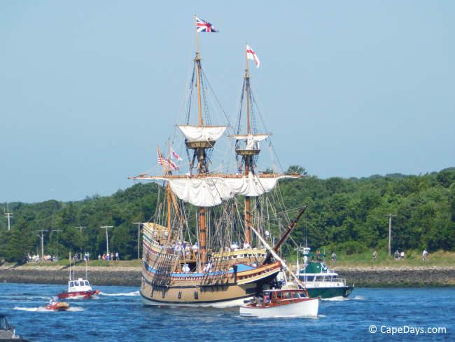 Mayflower II transiting the Cape Cod Canal with pleasure boats following behind