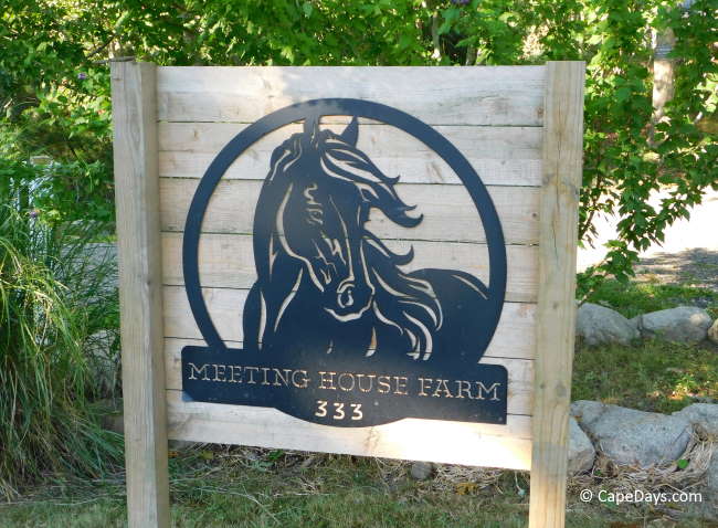 Wooden sign showing a horse with long, flowing mane and the words "Meeting House Farm"