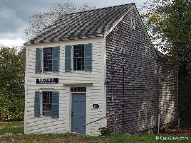 Exterior of the Old Jail (Olde Gaol) in Barnstable, the oldest wooden jail in the United States, built around 1690.