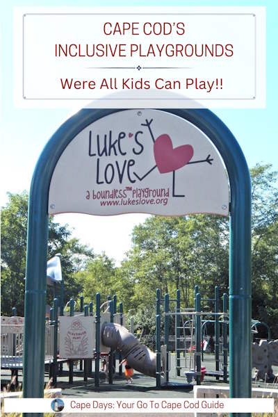 Green metal archway with a welcome sign at an inclusive playground on Cape Cod, with play structures visible in the background