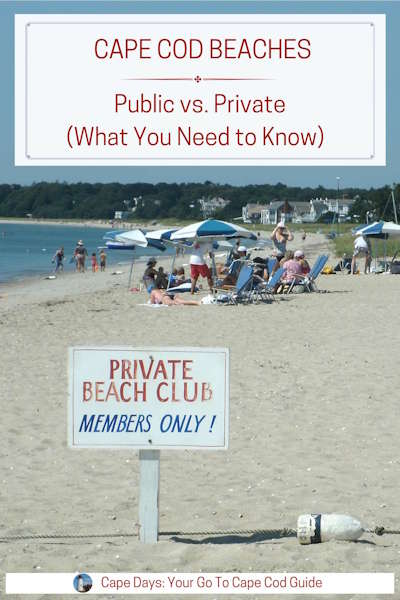Pinterest graphic showing people on a private beach. Text overlay says "Cape Cod Beaches - Public or Private" (What You Need to Know)"