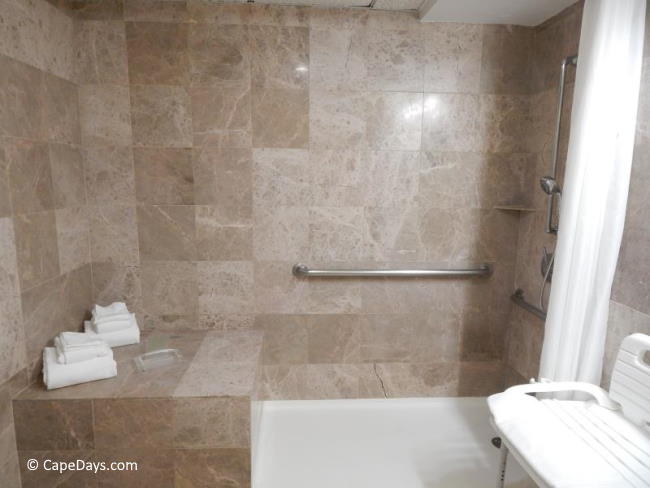 View of roll-in shower with adjustable wand, grab bars and removable seat View of roll-in shower with adjustable wand, grab bars and removable seat