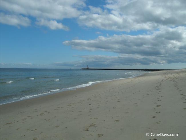 View of Scusset Beach with the Cape Cod Canal breakwater in the distance