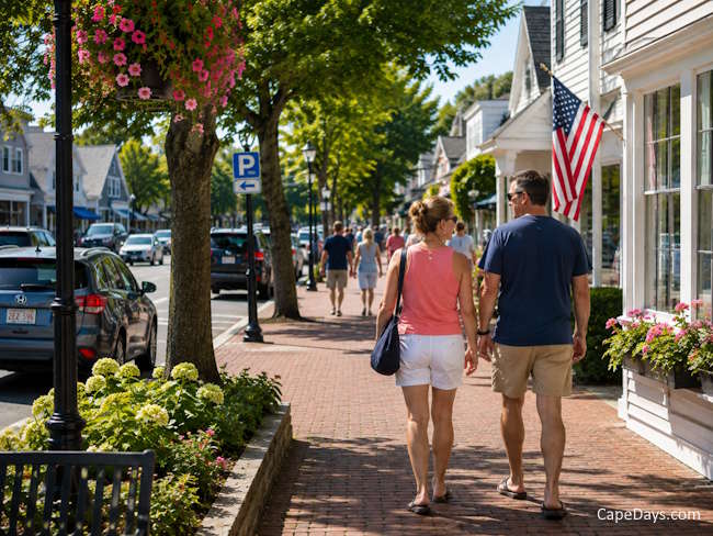 People walking on a Main Street sidewalk on an early September afternoon.