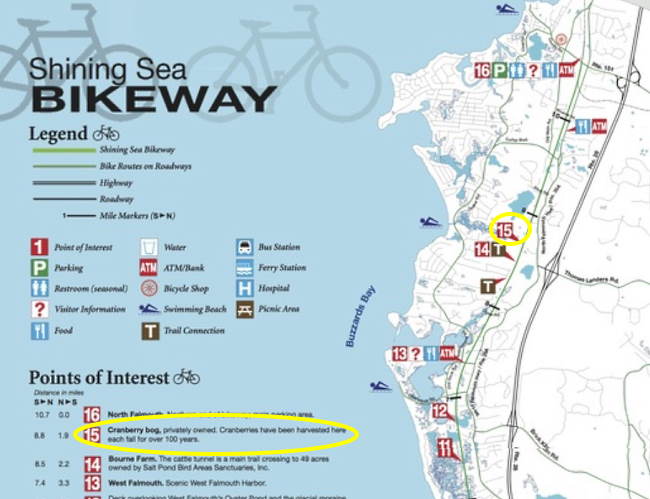 Map showing where to find the cranberry bog from the Shining Sea Bikeway.