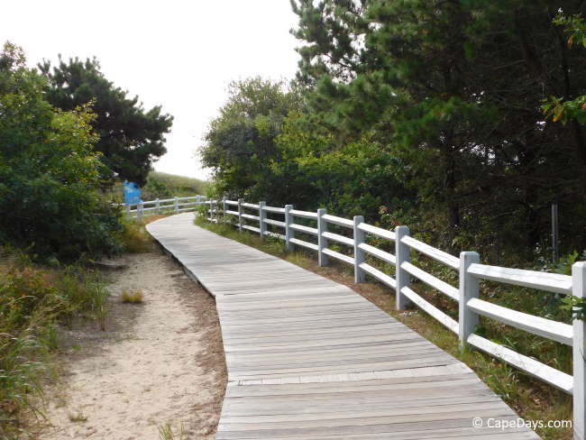 Wooden boardwalk bordered by a white post-and-rail fence, winding through a tree-lined pathway to the beach.