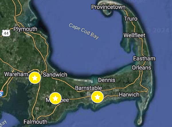 Google map of splash pad locations on Cape Cod