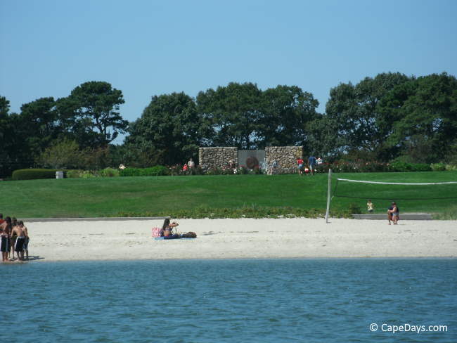People enjoying a sunny day at Veterans Memorial Beach in Hyannis