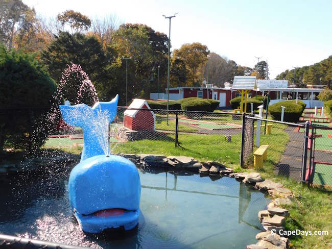 Blue whale statue in a small pond near the entrance to Wellfleet Mini Golf, with a black fence around the course and the Dairy Bar visible in the background.