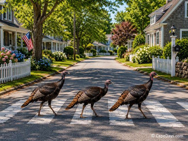 WIld turkeys crossing a neighborhood street on Cape Cod