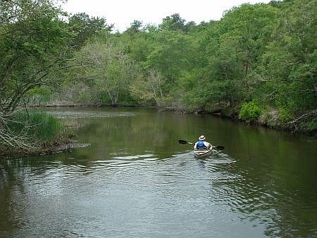 man kayaking on a creek